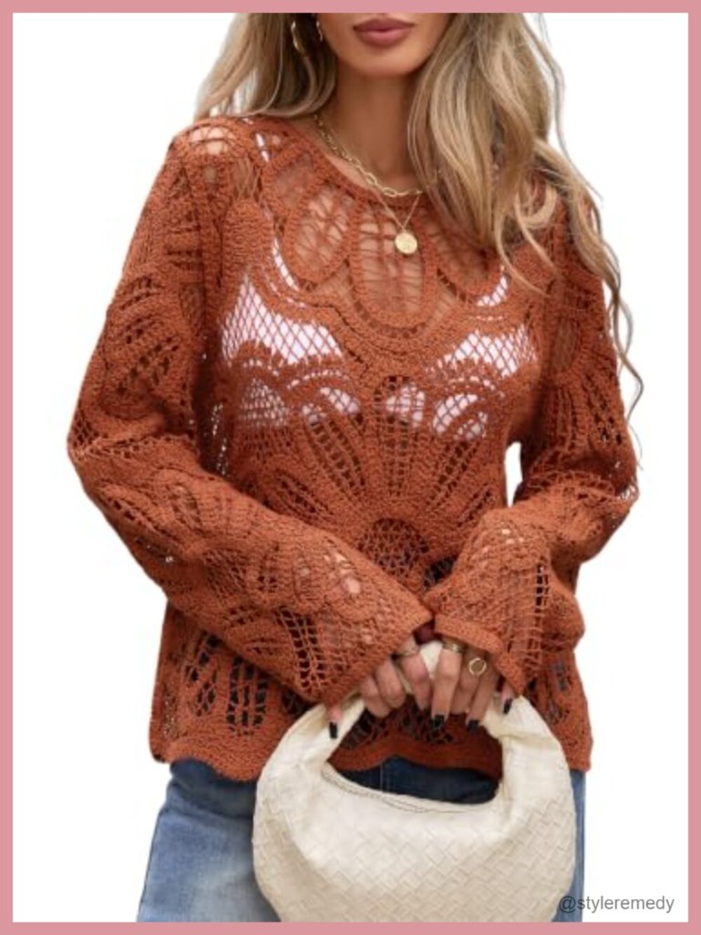 Womens 100% Cotton Crochet Boho Pullover Top Long Sleeve Beach Coverup